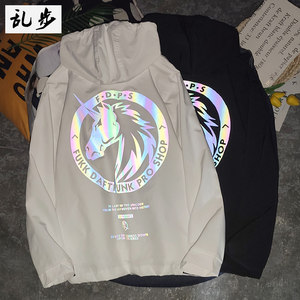 乱步潮牌独角兽炫彩反光印花连帽风衣男学生班服港风情侣夹克外套