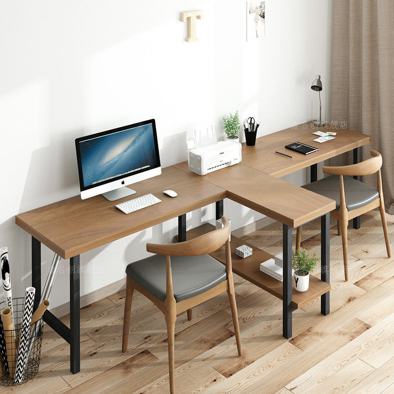 loft实木t型l转角双人台式电脑设计师办公工作台电竞情侣大长书桌