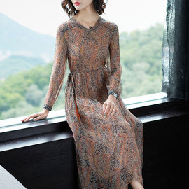 艾格芙重磅真丝连衣裙女2019春夏新款欧美时尚碎花桑蚕丝修身长裙