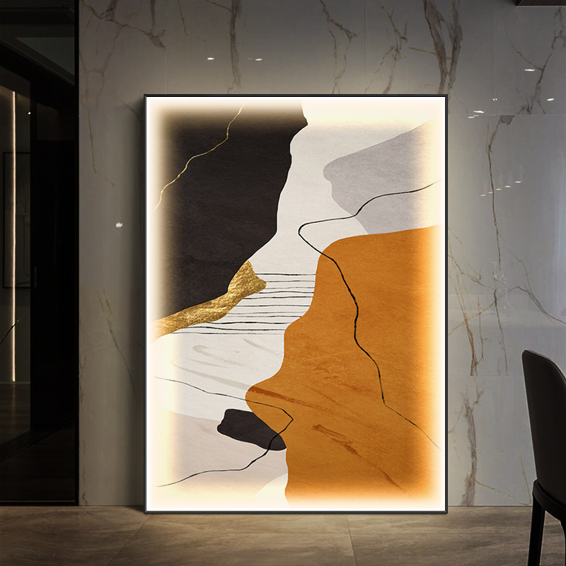 现代简约led发光玄关装饰画大尺寸落地画抽象画橙色客厅带灯挂画