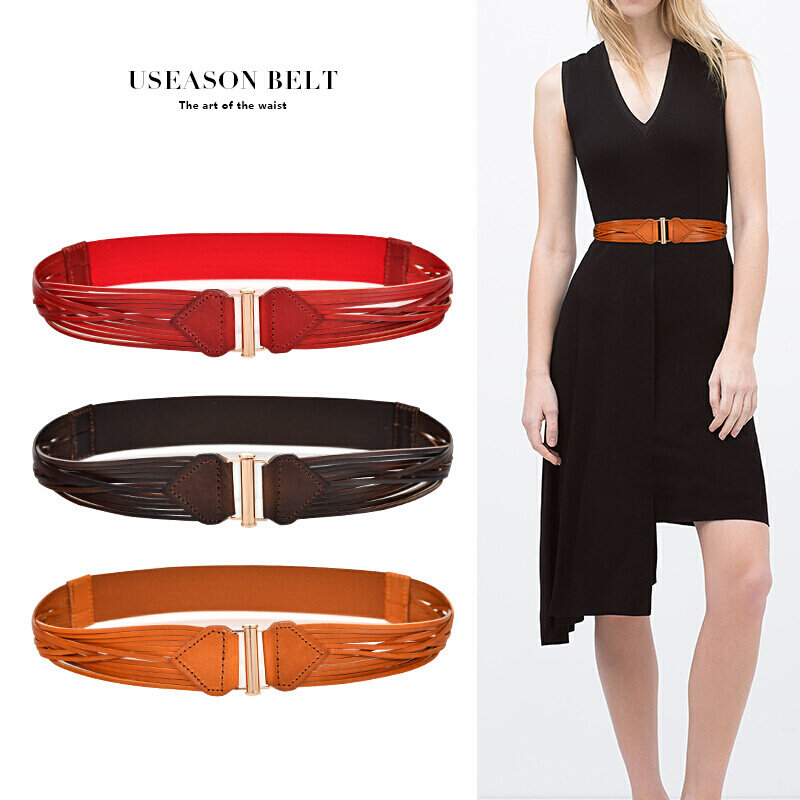 头层牛皮宽腰带女时尚连衣裙子大衣装饰松紧窄腰封真皮皮带 3.8cm