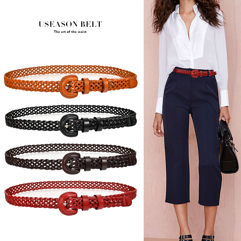 编织腰带女夏季细真皮配饰牛仔裤搭配裙子皮带头层牛皮休闲宽腰封