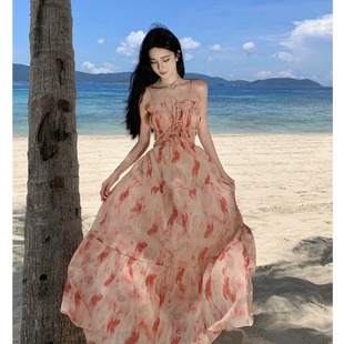超仙高级感沙滩长裙手绘花色雪纺显瘦气质度假连衣裙子秋冬新款女