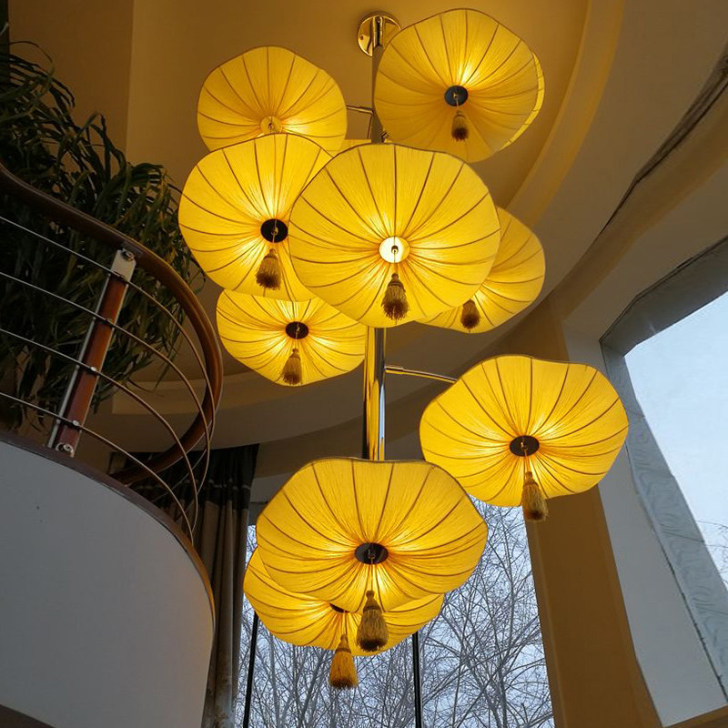 新中式布艺大吊灯大气客厅餐厅别墅酒店大堂复式楼梯间创意灯具