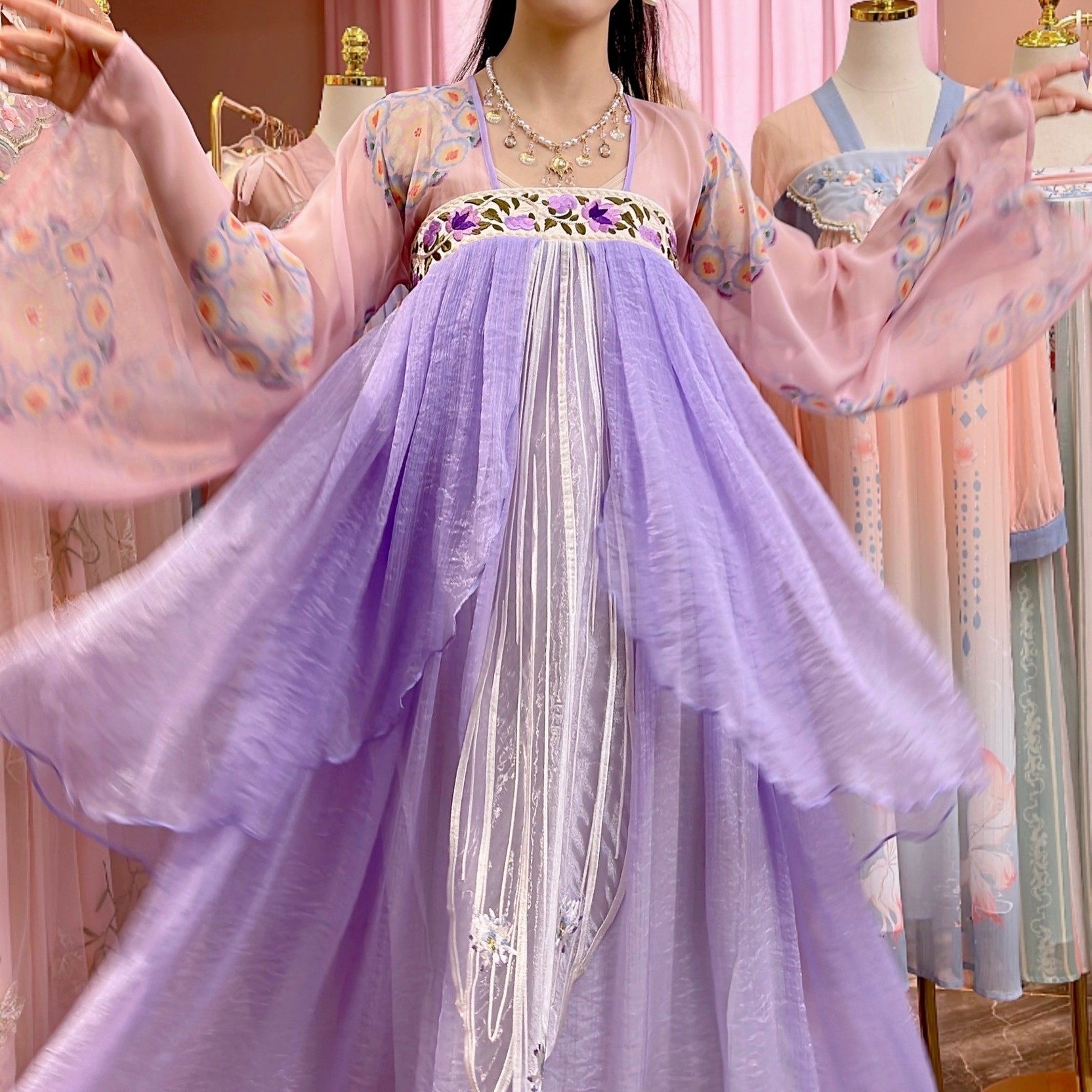 陛下兰他惜如梦令原创改良汉服紫色仙气荷叶边蛋糕长款连衣裙