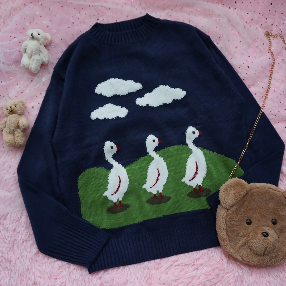 日系外套女冬可爱软妹 针织_日系软妹童趣可爱小鸭宽松古着风毛衣女