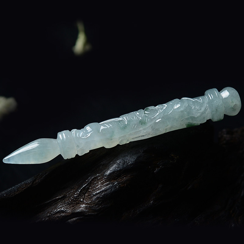 天然缅甸a货翡翠冰种飘花毛笔吊坠11.88g