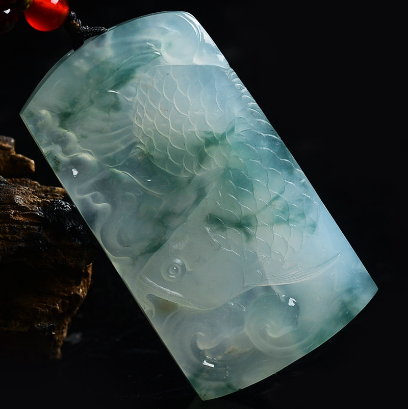 石舍艺术作品 天然缅甸a货翡翠飘花金龙鱼吊坠43.62g(带绳)