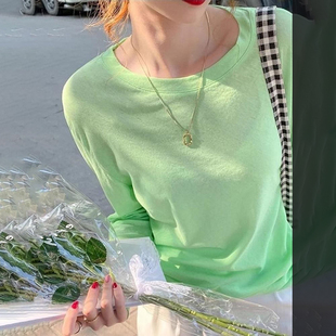 绿色面膜长袖T恤女春夏新款宽松打底衫显瘦防晒罩衫圆领冰丝上衣