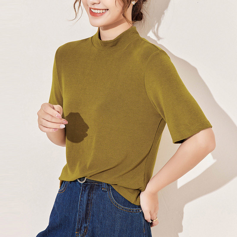五分袖半高领打底衫女2022春秋新款半袖纯色上衣夏季内搭短袖t恤