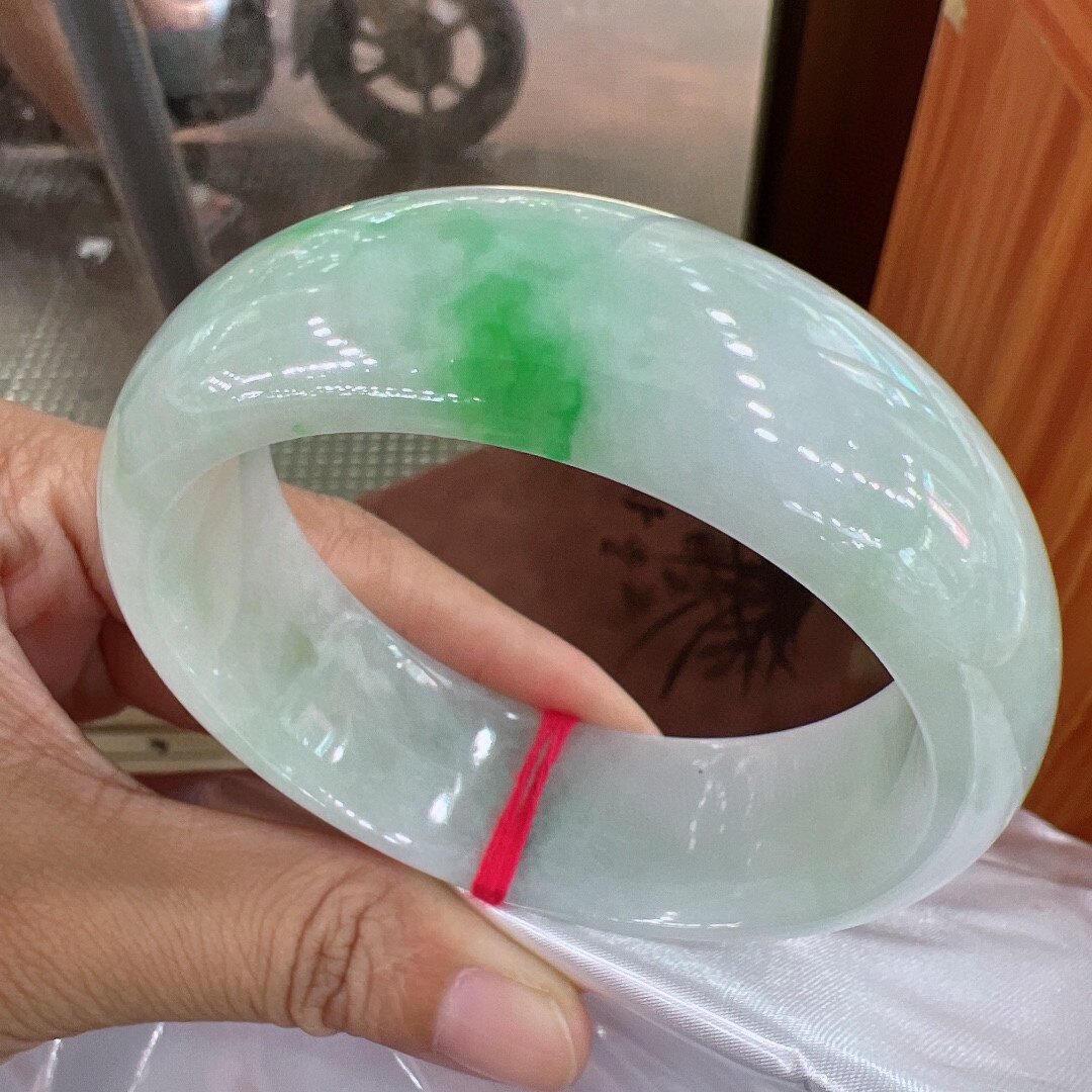56圈口缅甸天然a货老坑种宽边白底青飘阳绿翡翠手镯玉镯子平洲