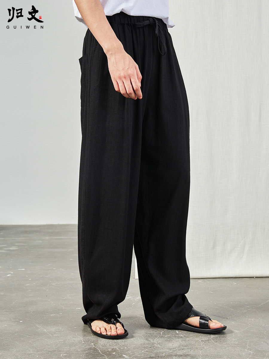 中国风裤子男宽松薄款亚麻裤男黑色宽腿裤夏季哈伦裤休闲裤男长裤
