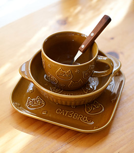 日单釉下彩可爱浮雕猫咪陶瓷方盘双耳烤碗马克杯咖啡杯卡通甜品碟