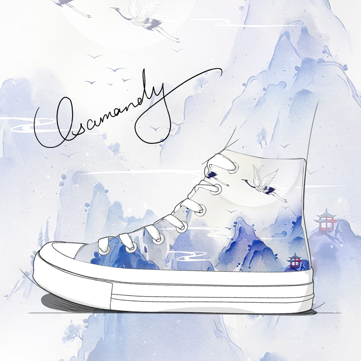 望水云鹤九霄中国风女鞋学生古风手绘帆布鞋女高帮板鞋潮百搭个性