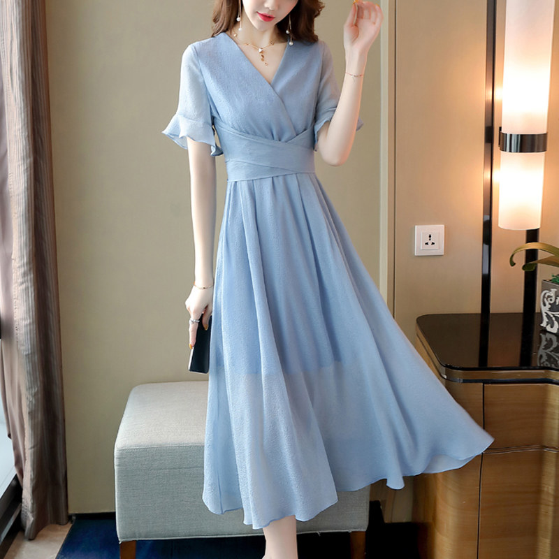 雪纺连衣裙2022夏装新款贵夫人中年收腰显瘦气质v领高端洋气裙子