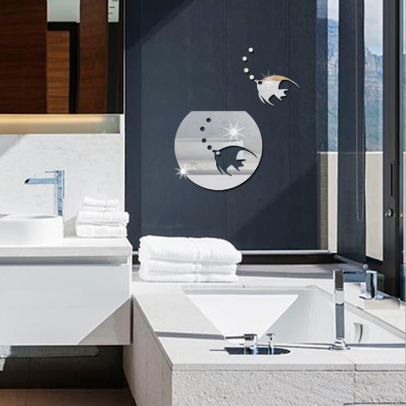 3D亚克力鱼缸小鱼镜面墙贴浴室卫生间洗手台自粘防水创意装饰贴画