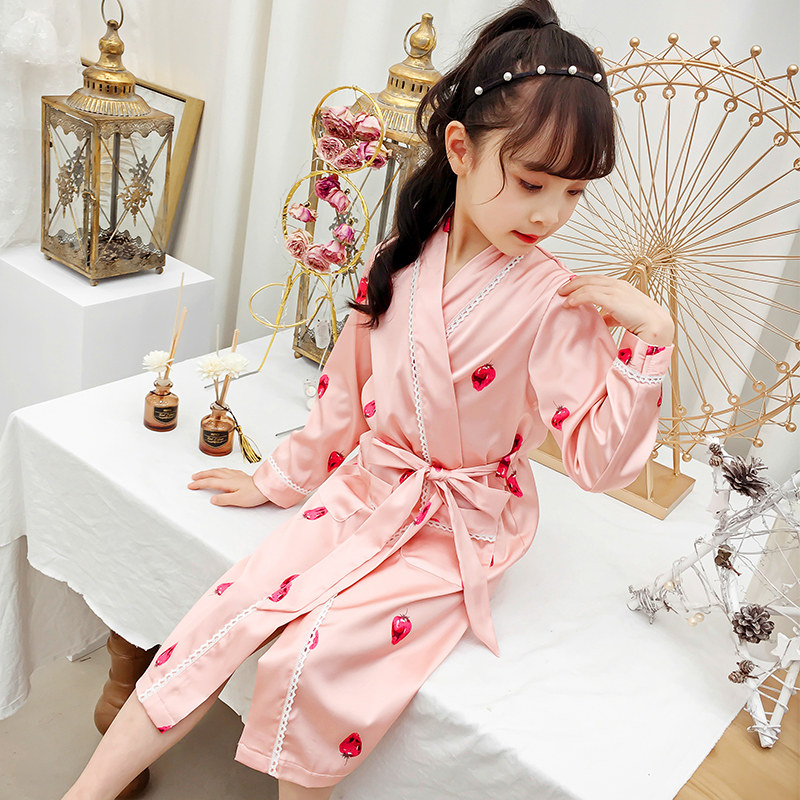 女童睡袍长袖夏季冰丝睡衣儿童浴袍小女孩公主花边真丝薄款家居服