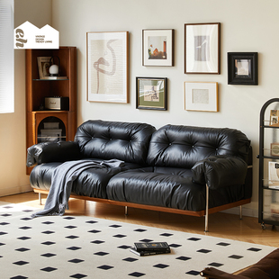 北欧实木全真皮沙发简约小户型客厅头层牛皮黑色直排三人皮沙发