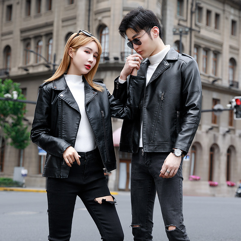 情侣装机车服皮夹克潮流帅气修身加厚外套冬季男女同款加绒小皮衣