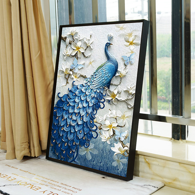 玉兰花孔雀钻石画满钻新款带框架子铝合金画框钻石绣十字绣餐厅画