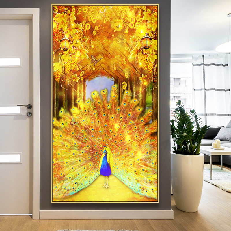 5d新款钻石画客厅满钻孔雀开屏钻石秀竖版玄关黄金满地粘钻十字绣