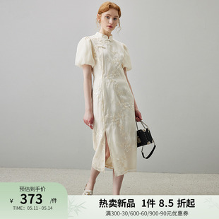 dfvc白色新中式国风旗袍连衣裙女2024新款夏季绣花泡泡袖中长裙子
