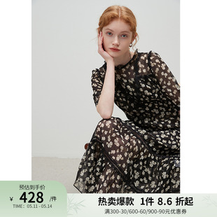 dfvc高级感黑色蕾丝碎花连衣裙女春2024新款泡泡袖收腰长款a字裙