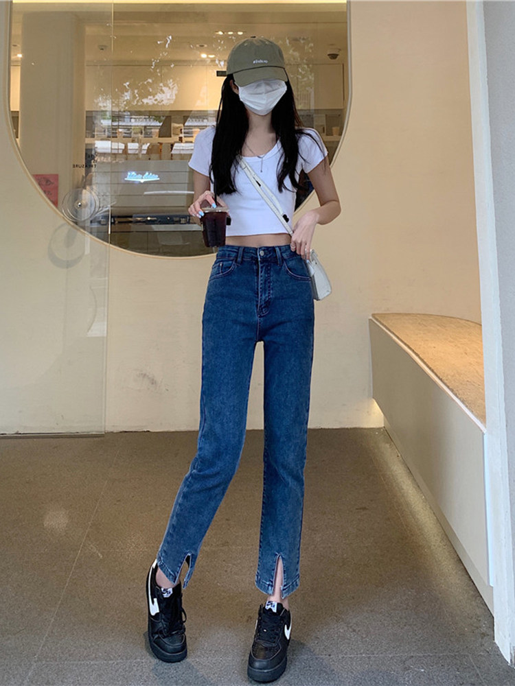 弹力牛仔裤女春季大码胯宽腿粗胖妹妹高腰宽松显瘦开叉直筒裤in