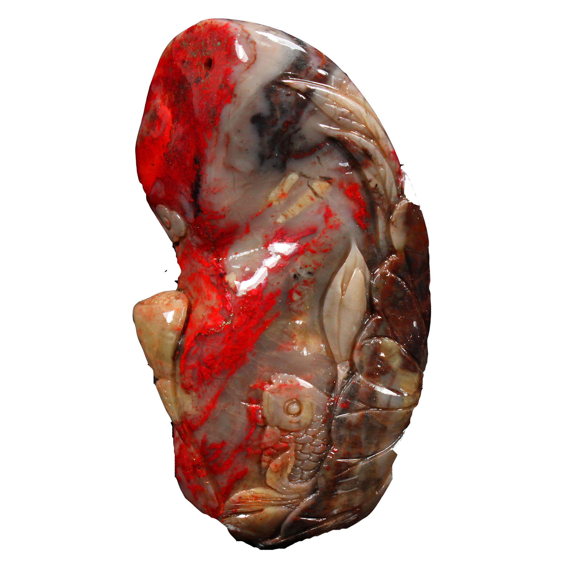 昌化刘关张鸡血石挂件《鱼趣》