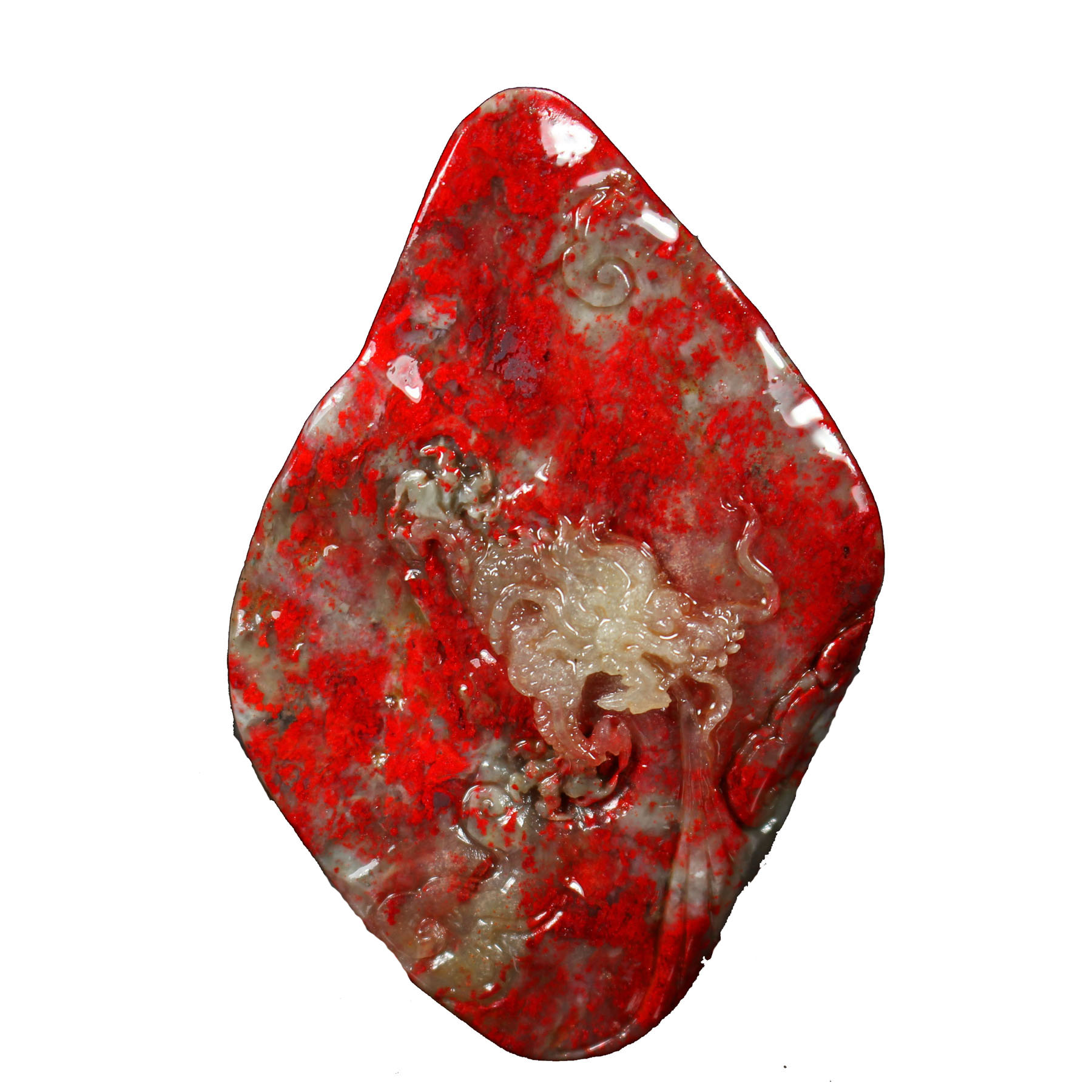 精品昌化羊脂冻软底鸡血石挂件《祥龙献瑞》品种稀少