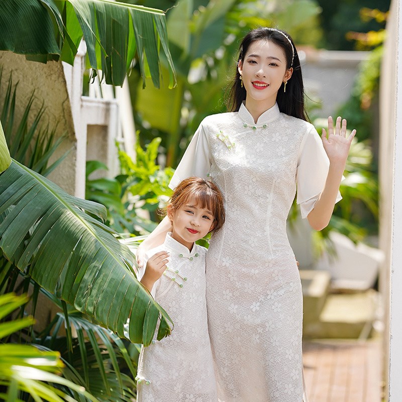 皖晴2022年新款夏季改良蕾丝中长款日常年轻清新t民国风亲子旗袍
