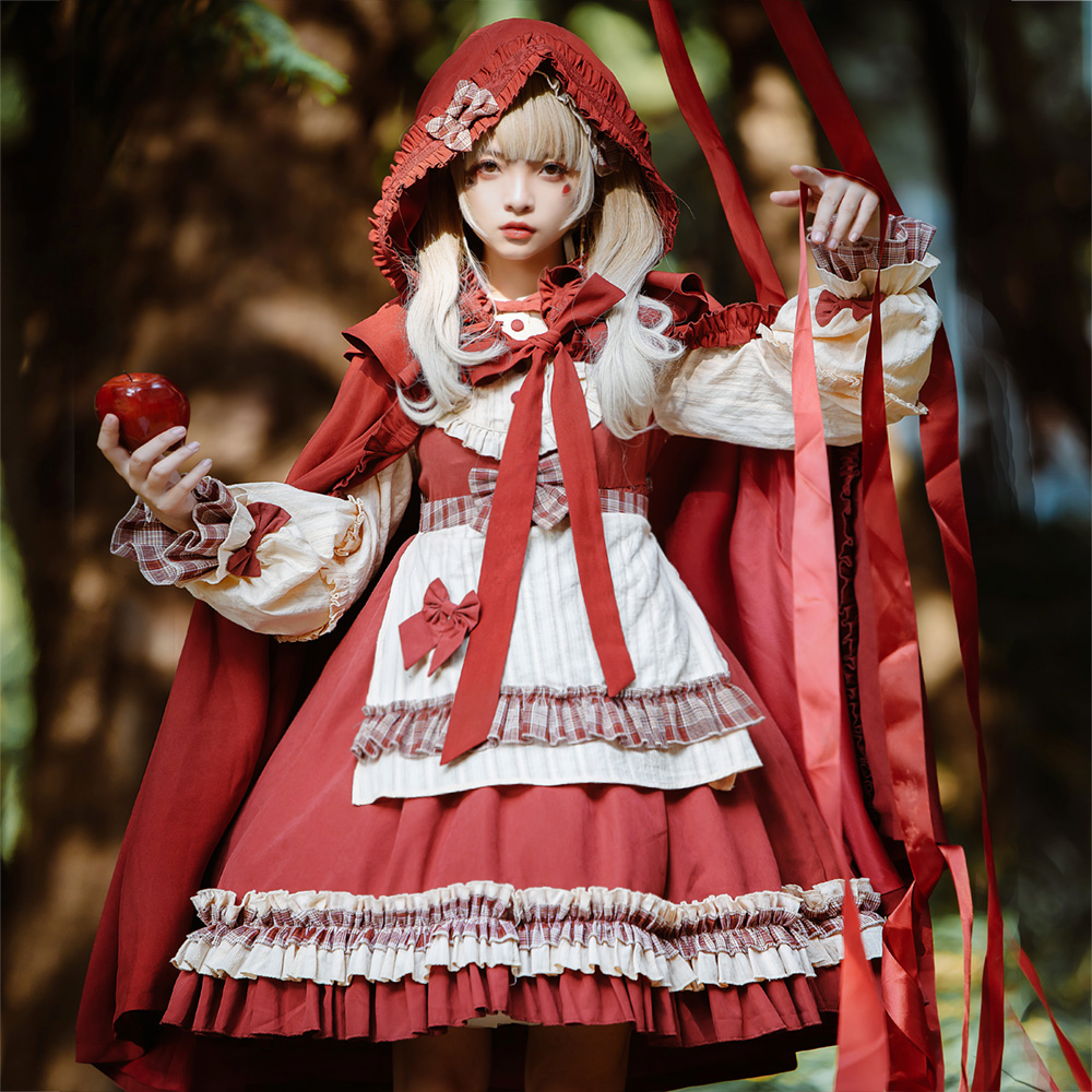 尘烟原创  迷途小红帽 lolita 复古童话风长袖op连衣裙长斗篷套装