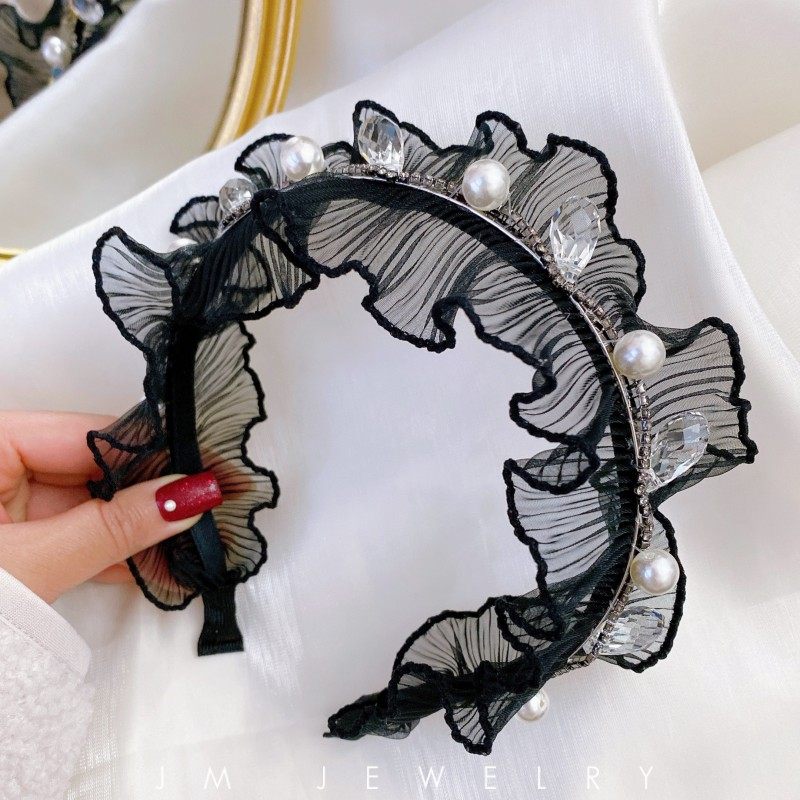 韩国巴洛克宫廷珍珠头箍发卡韩版宽边蕾丝洋气淑女压发发箍黑色