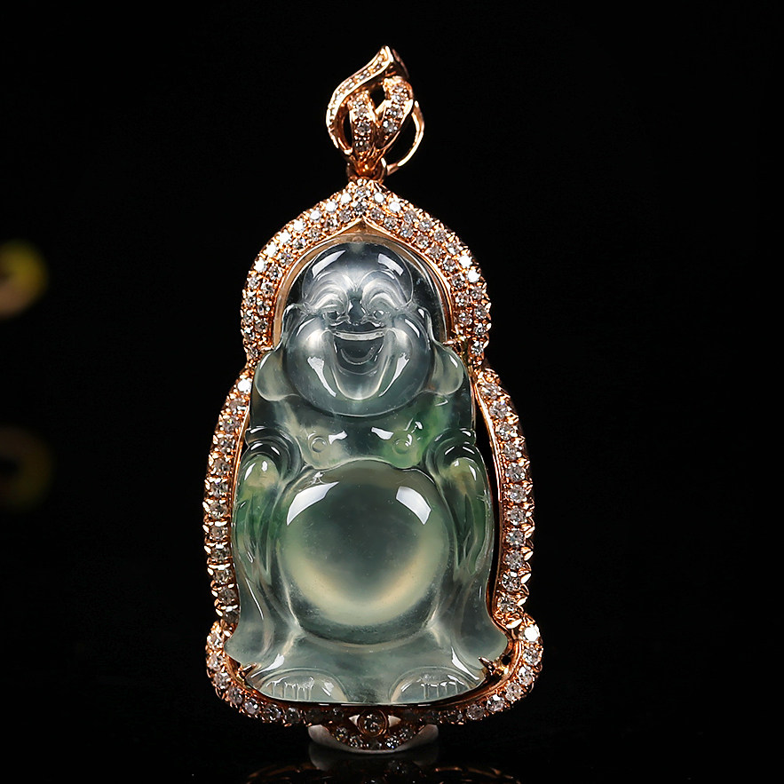 18k金镶嵌钻石起光冰种飘花站佛公吊坠 5.91克