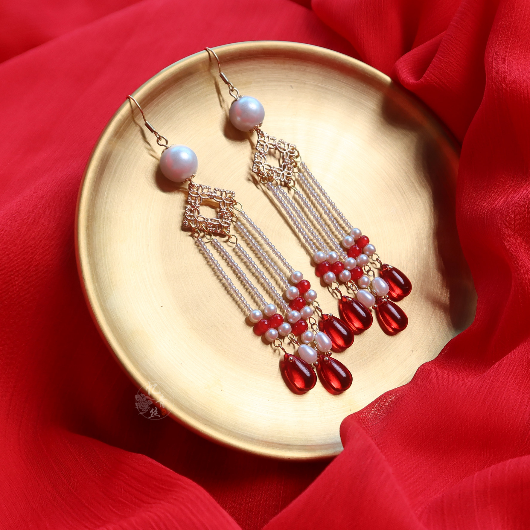 原创设计汉服耳环复古风长款流苏耳夹金红色新娘耳饰琉璃水滴耳坠