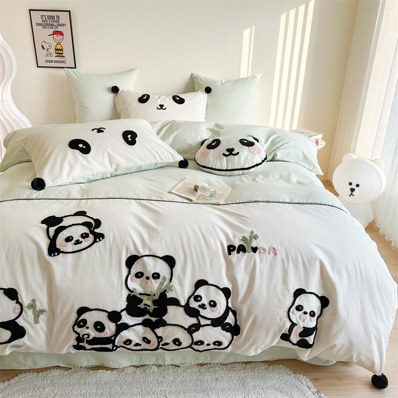 可爱卡通风100S全棉水洗棉四件套纯棉少女心熊猫被套儿童床上用品