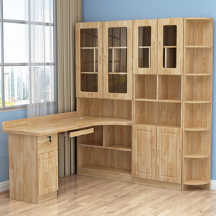 电脑桌全实木转角书桌书架组合一体家用卧室学生学习台式写字桌子