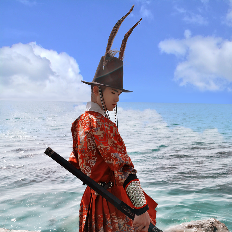 洛神赋明制大帽笠帽雉尾孔雀翎原创飞鱼服明曳撒交领袍汉服配帽子