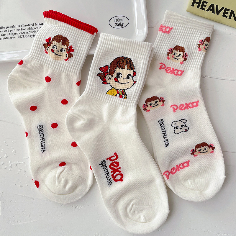 韩国可爱甜美卡通动漫中筒袜子女ins潮白色短袜夏波点字母网红袜
