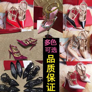 miumiu綁帶鞋鉚釘 小辣椒同款鉚釘鞋真皮柳丁鞋兩帶尖頭高跟柳釘鞋綁帶細跟涼鞋婚鞋 miumiu