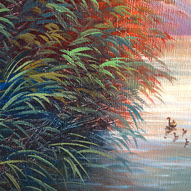 黄永祥《芦苇夕阳》 布面油画