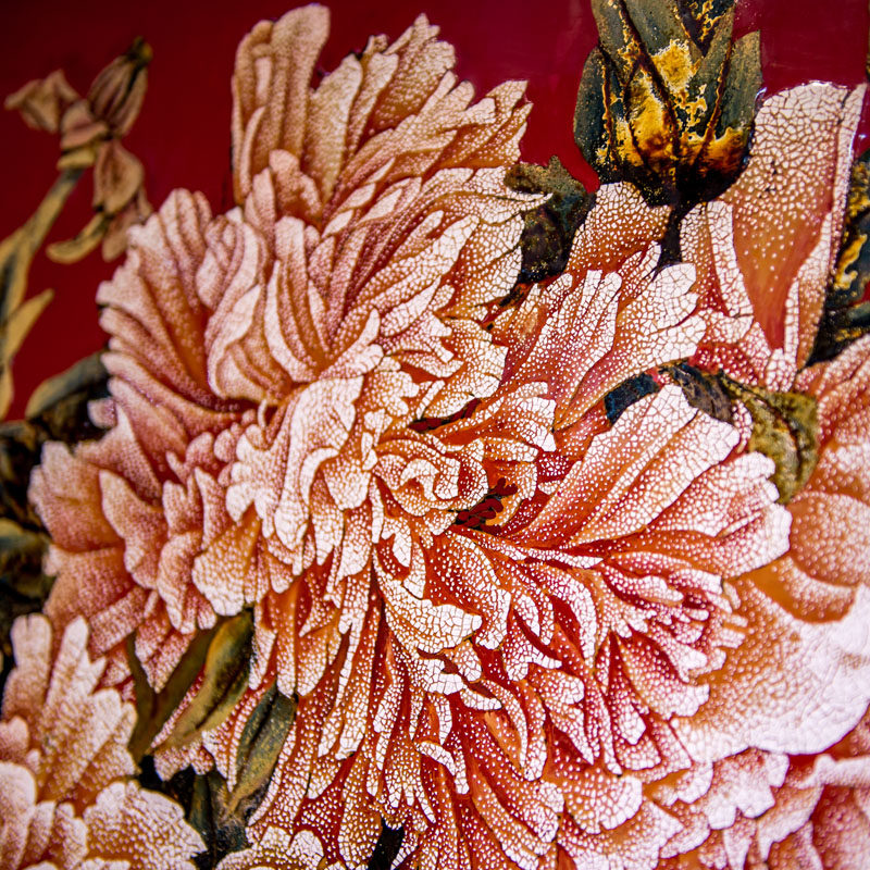 大漆漆画【牡丹醉红】福建工美推荐 传统大漆国花漆画 栩栩如生