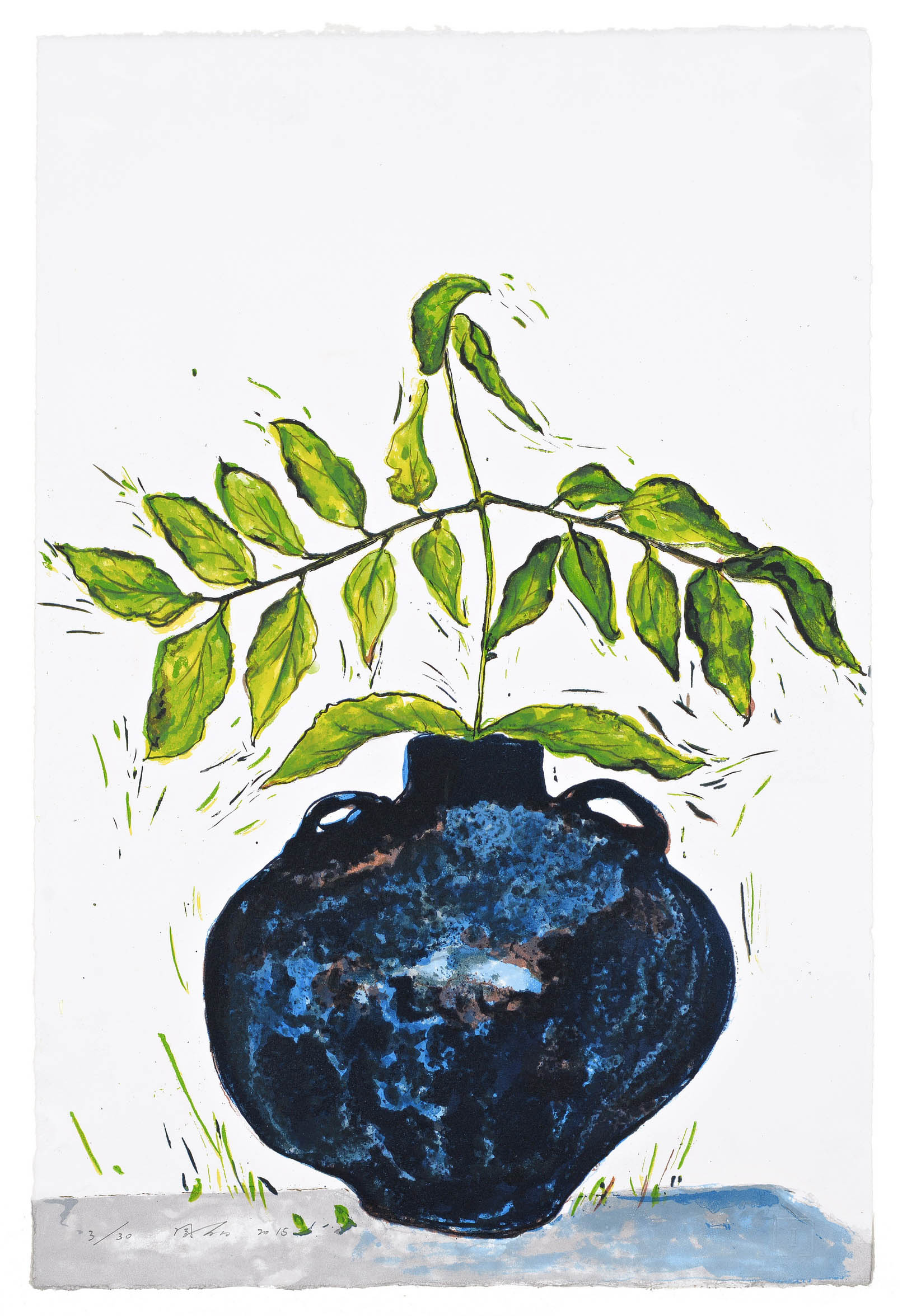 周丽《绿枝秋歌》丝网版画