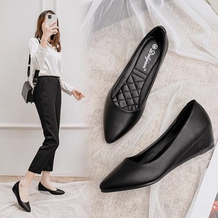 GG。韩国坡跟内增高黑色职业皮鞋女春季酒店上班平底单鞋软底工作