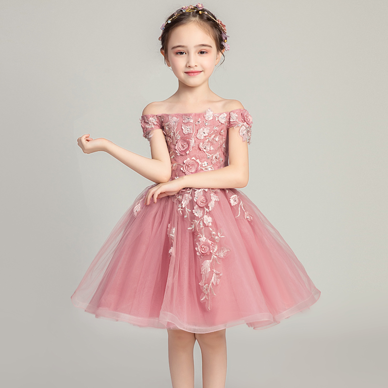 儿童礼服公主裙女童晚礼服一字肩婚纱蓬蓬纱裙小女孩演出服短款夏