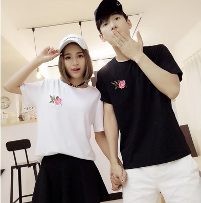 情侣装男女装大码胖mm刺绣玫瑰花图案短袖上衣半袖t恤体恤休闲潮