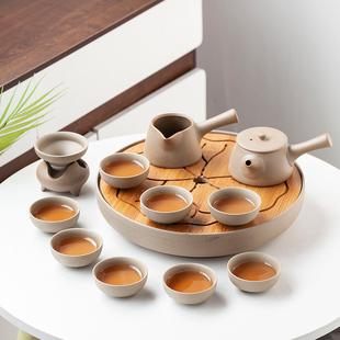 土陶茶具套装粗陶功夫茶壶侧把茶杯套装整套陶瓷盖碗原土无釉茶具