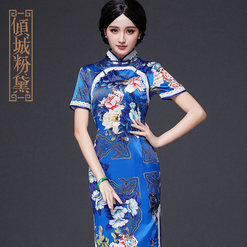倾城粉黛高端定制新款改良时尚真丝中长款旗袍裙日常复古中国风女