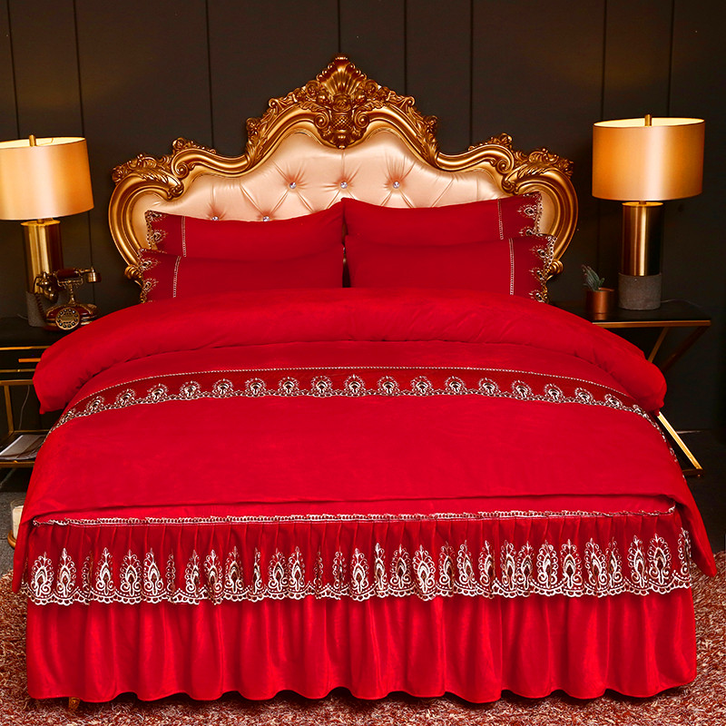 床裙式婚庆大红水晶绒四件套双面绒蕾丝花边保暖结婚喜庆床罩被套