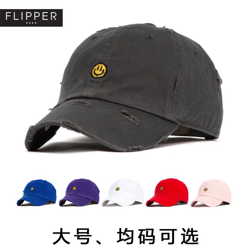 Flipper棒球帽子韩版大头围软顶破洞做旧笑脸刺绣百搭深灰鸭舌帽